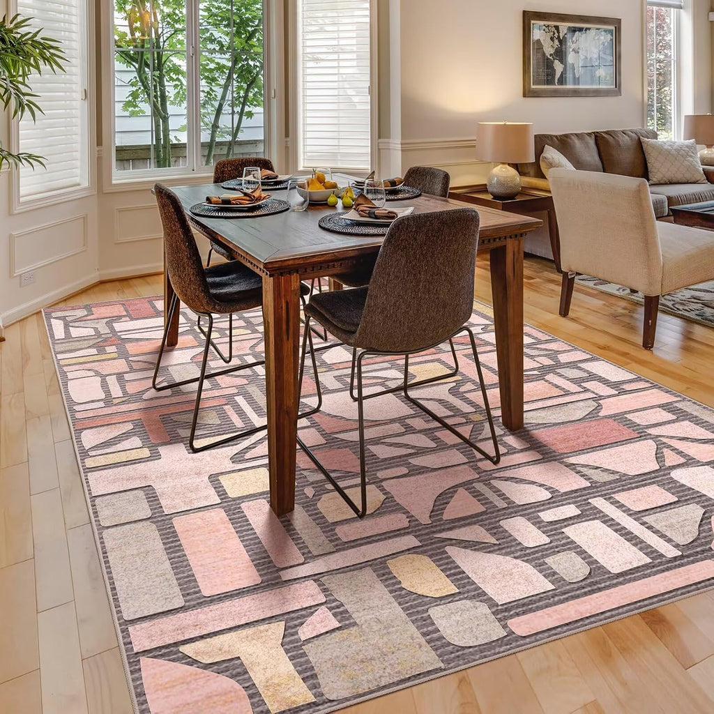 Area Rug, Vintage Checkered Abstract Rugs, Non Slip Washable Large Low Pile Soft Modern Floor Carpet Bedroom