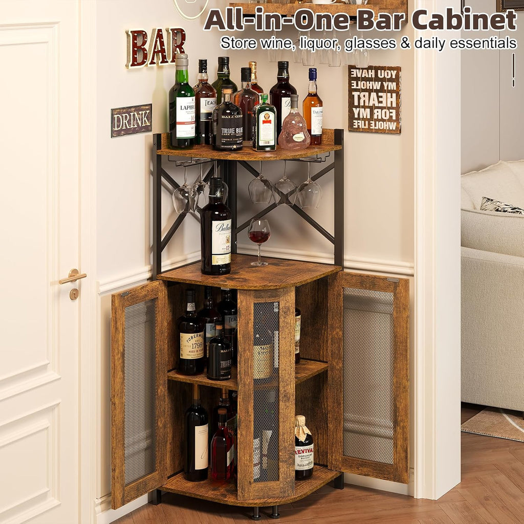 Corner Bar Cabinet with LED Lights,Industrial Wine Cabinet with Glass Holder,4-Tier Wine Cabinet with Door and