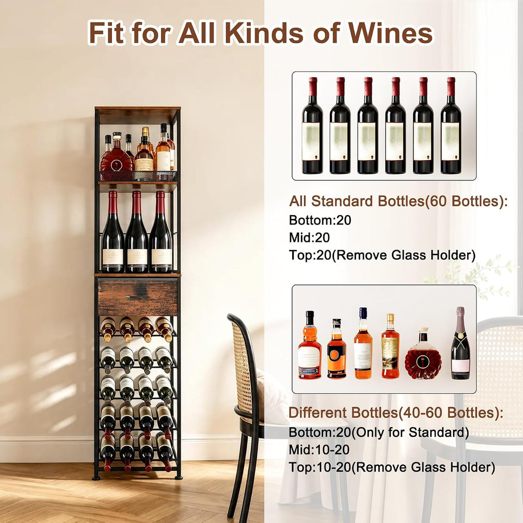 7-Tier Wine Rack Freestanding Floor Liquor Cabinet Bar | 2-in-1 Modular Split, 40 Bottles Display Shelf, Wooden Wine