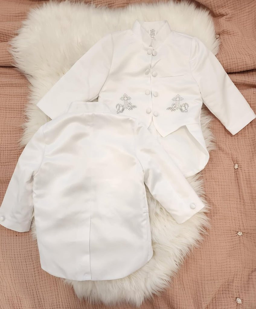 IGilrDress Baby/Toddler/Boys White Baptism Christening Mandarin Collar Tail 5 pcs Tuxedo with Cross Embroidery