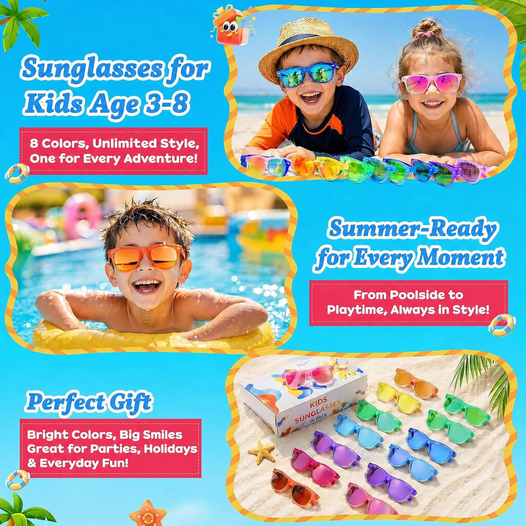 Kids Sunglasses Bulk - Party Favors for Boys Girls Ages 3-8, Neon Colors with UV 400 Protection