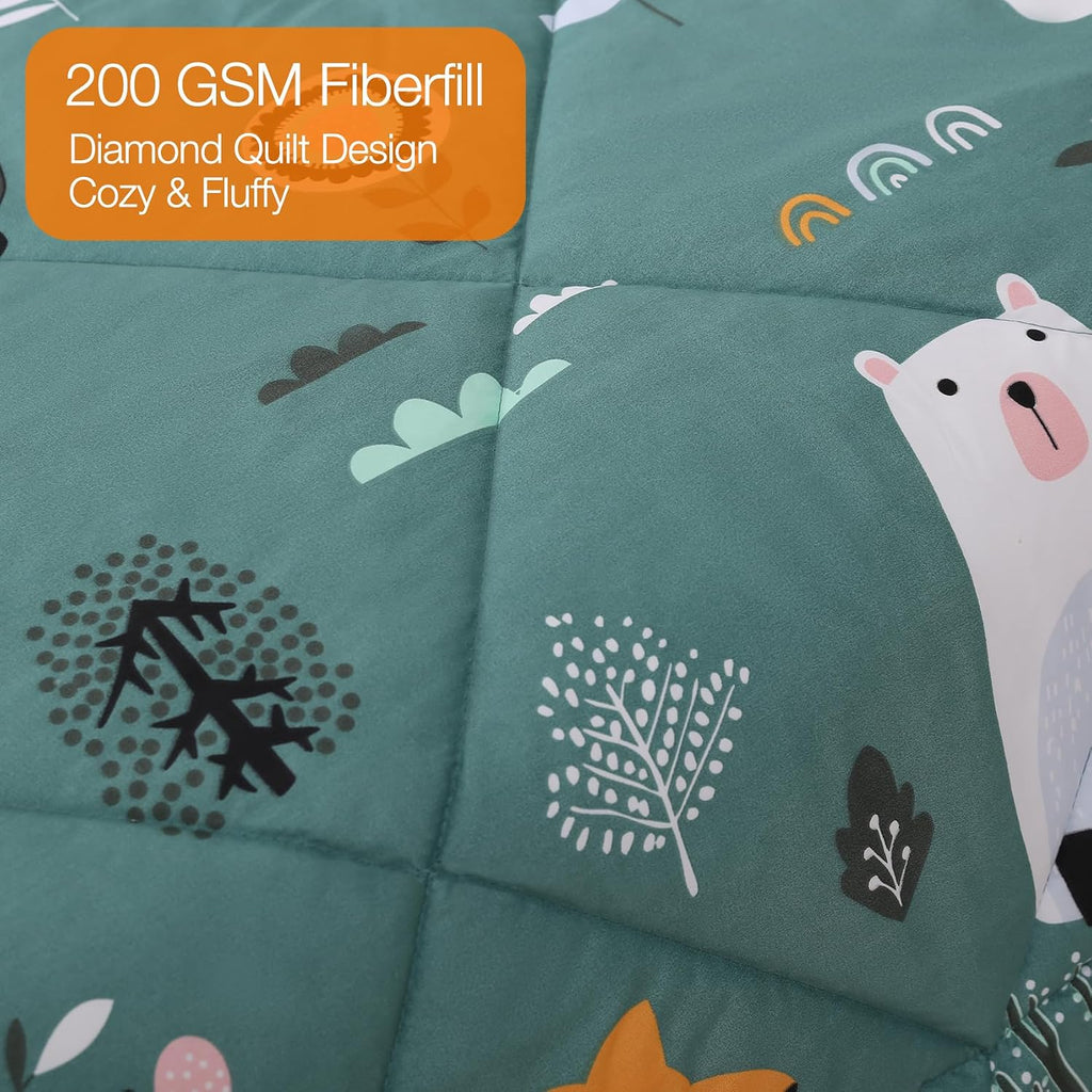 Green Forest Animals Kids Comforter Set Twin, 2 Piece Woodland Printed Microfiber Bedding Set, Machine Washable