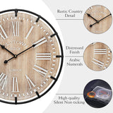 24 Inch Grand Farmhouse Wall Clock, Vintage-Inspired Wood & Metal Design with Large Etched Numbers