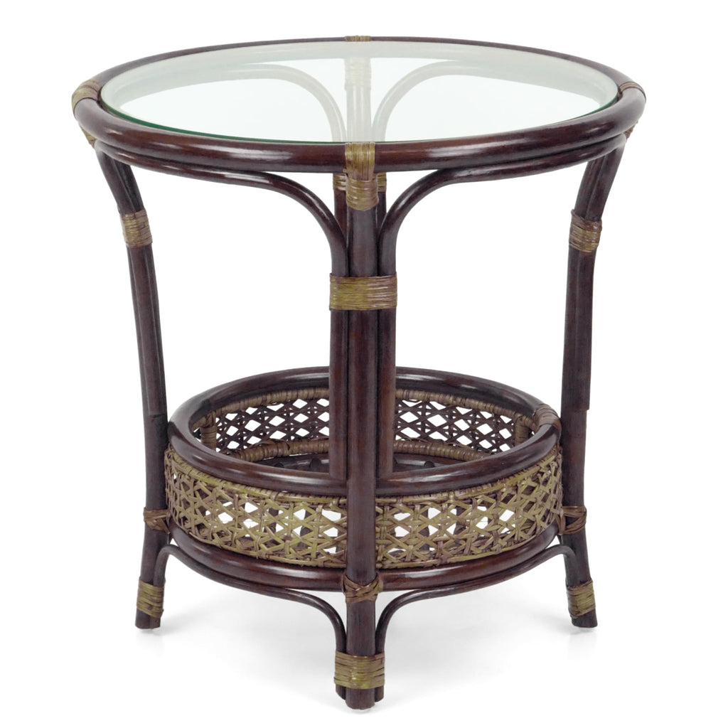 Pelangi Coffee Round Table Dark Brown Color Handmade ECO Natural Rattan Wicker with Glass Top