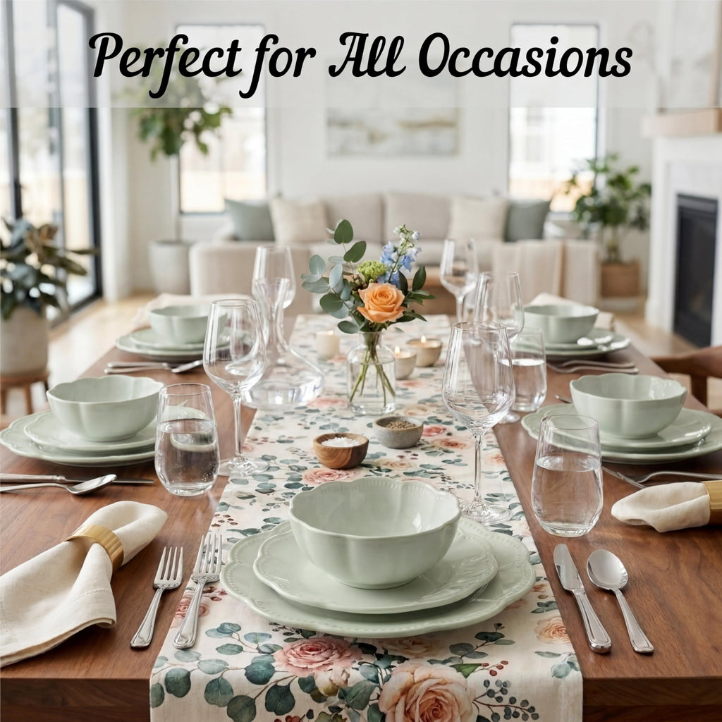 12 Pieces Scalloped Dinnerware Set, Sage Green Dishes for 4, Premium Serving Plates & Bowls Sets, Chip Resistant
