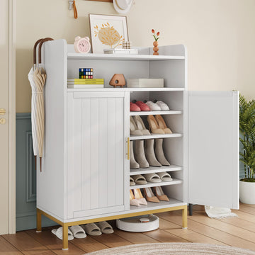 Shoe Cabinet with Adjustable Shelves & Doors, 7-Tier Farmhouse Shoe Storage Cabinet with Golden Metal Legs, 47.2''
