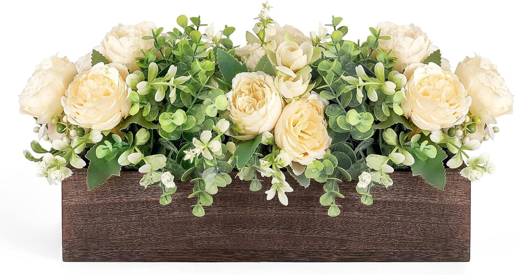 Centerpiece Table Decorations Farmhouse Table Centerpieces Decor Wood Tray with 3 Artificial Flowers and 2 Eucalyptus