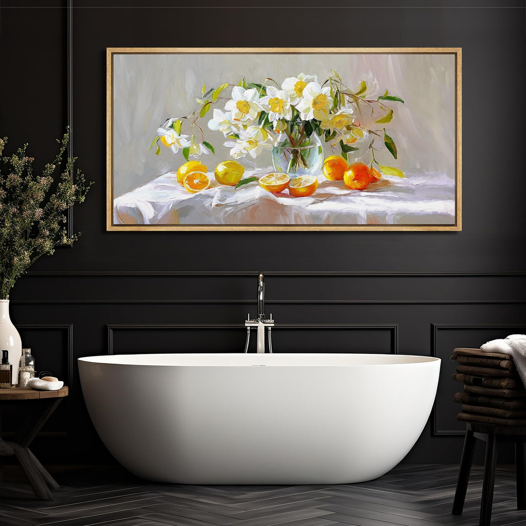 Extra Large Framed Canvas Print Wall Art Vibrant Still Life with White Blossoms and Citrus Fruits Antique Retro Ready