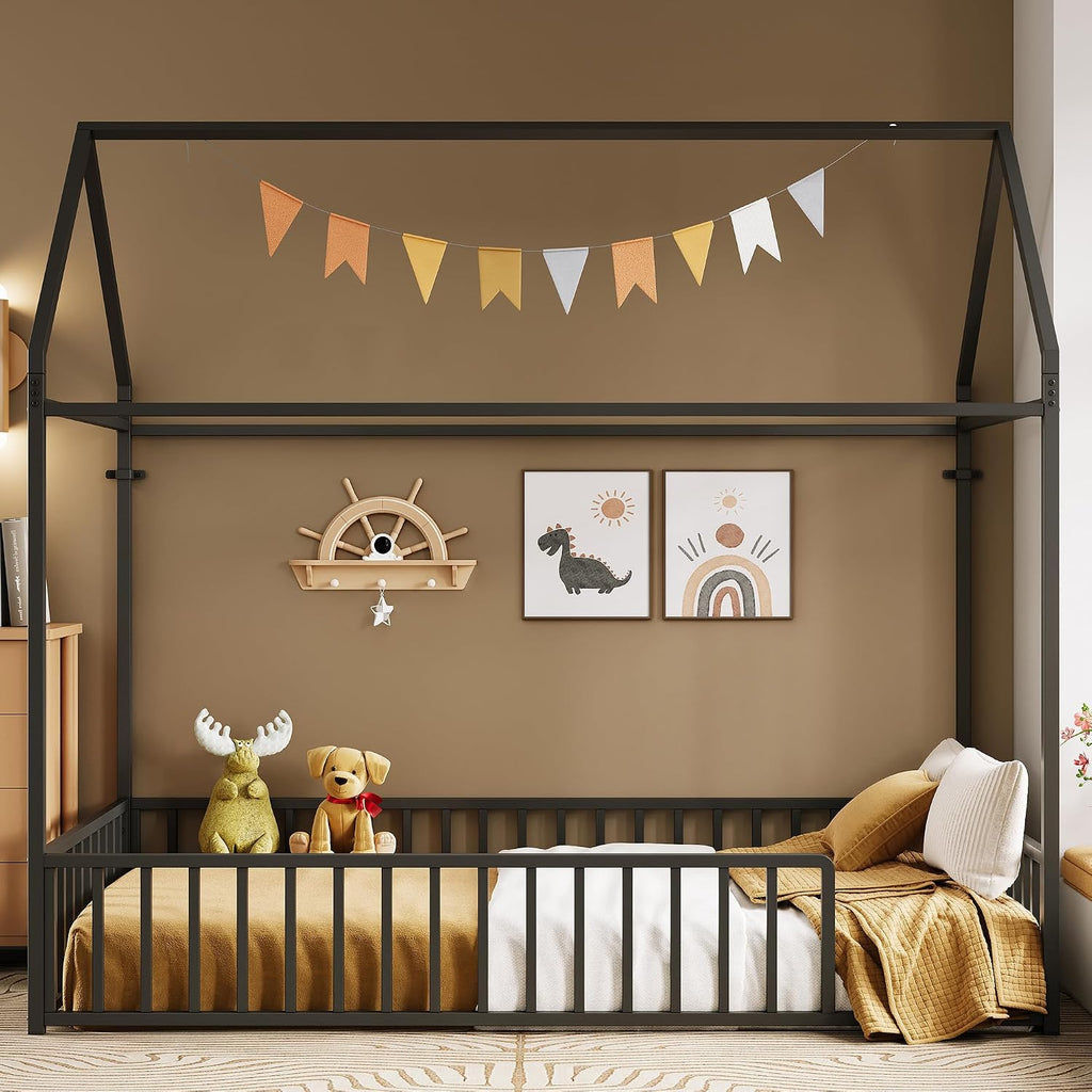 Floor Bed with Roof and Fence Guardrails, Black
