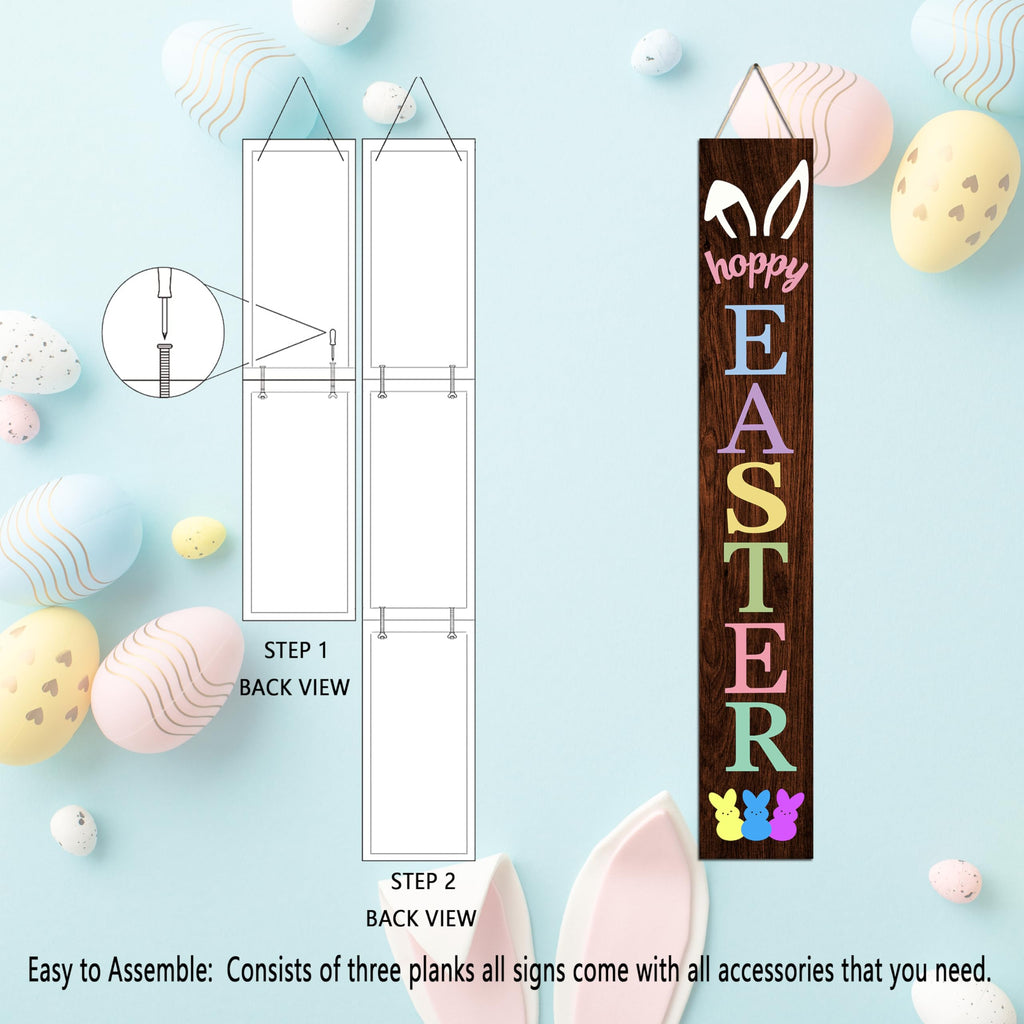 Happy Easter Wooden Porch Sign 47" Bunny Large Welcome Sign Vertical Indoor Outdoor Standing Sign For Garden Home