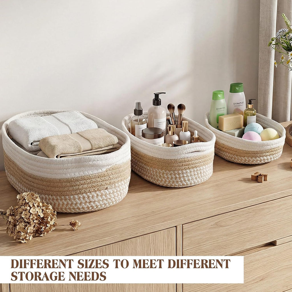 6 Pcs Boho Cotton Rope Storage Baskets for Organizing 3 Sizes Woven Shelf Basket Set Decorative Nesting Fabric Bins