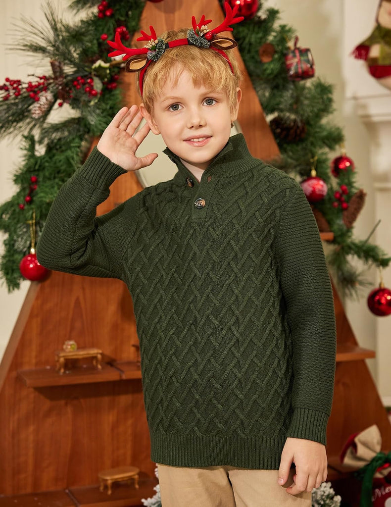 Boys Turtleneck Cable Knit Sweater Long Sleeve Button Up Pullover