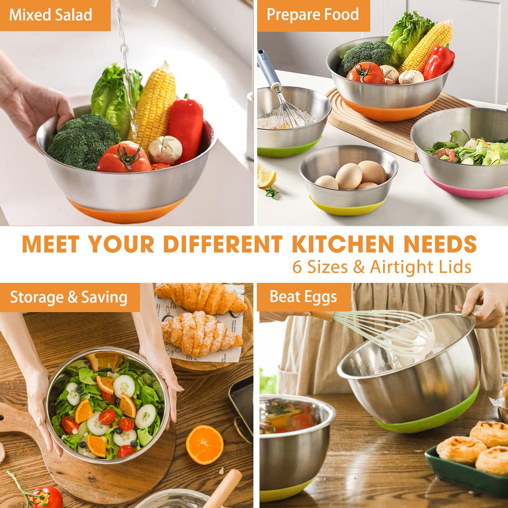 Mixing Bowls with Airtight Lids, 6 Piece Stainless Steel Metal Bowls, Measurement Marks & Colorful Non-Slip Bottoms