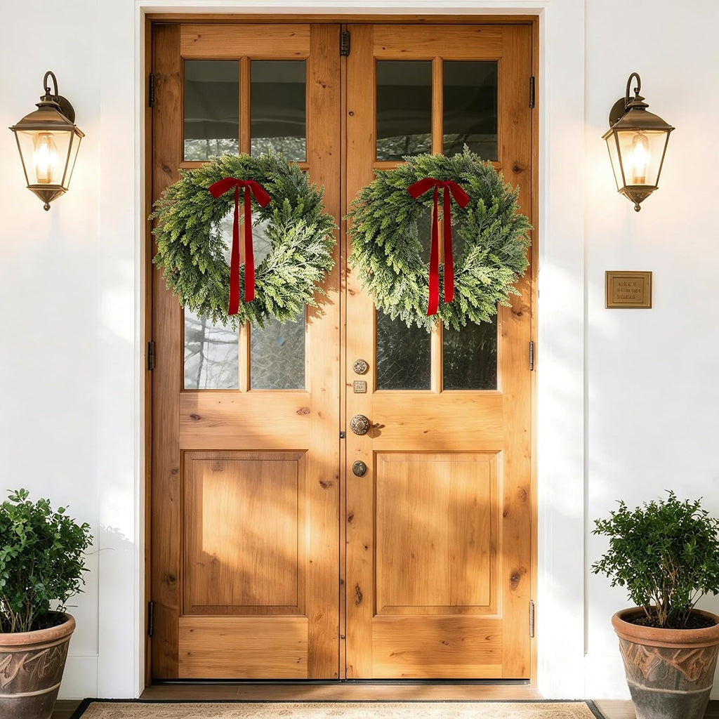 26" Christmas Cedar Wreaths for Front Door, Real Touch Handmade Full Artificial Cedar Wreath Set, Faux Greenery