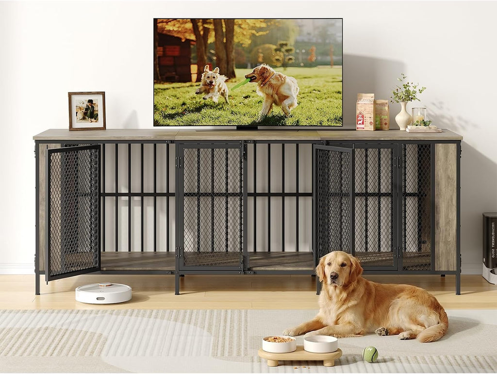 Gray Dog Crate Furniture TV Stand with 3-Room Kennel