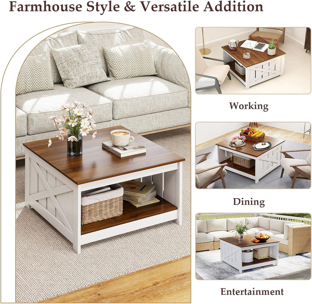 Farmhouse Coffee Table, 31 Inch Square Wood Coffee Table with Storage Shelf