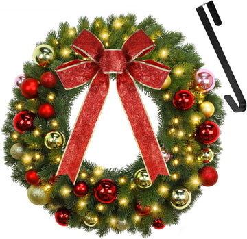 21 Inch Pre-Lit Christmas Wreath with Metal Hanger, Lighted Xmas Folded Wreath with 60 LED Lights, Red Bow