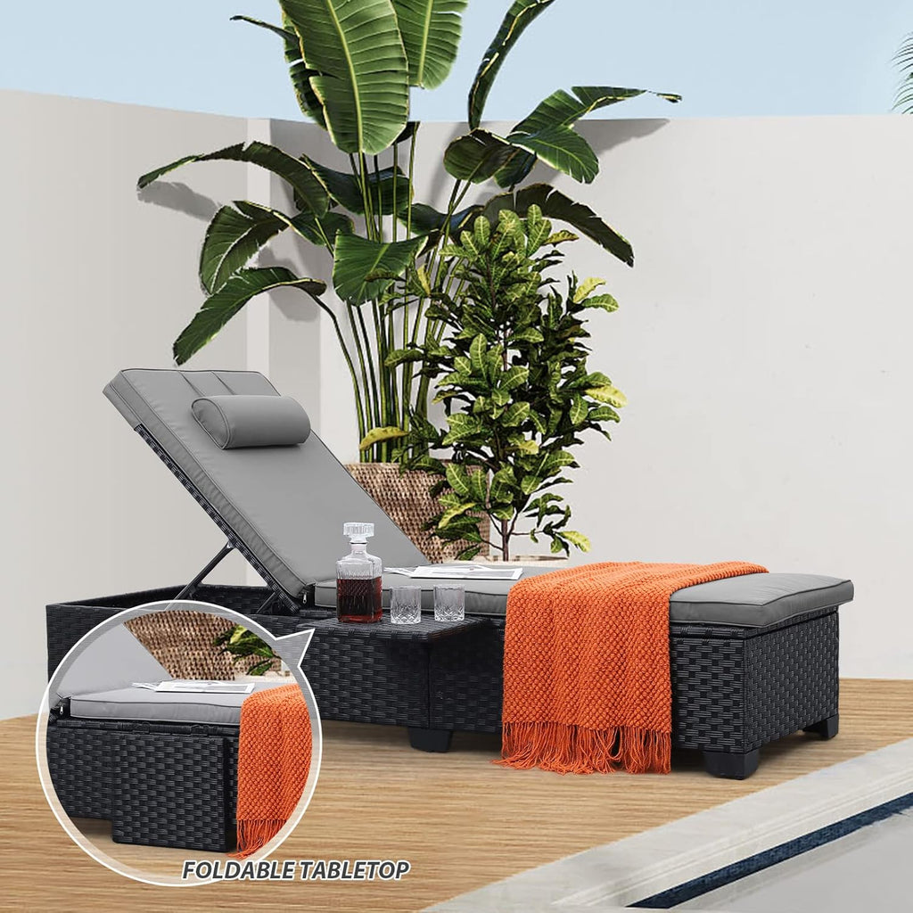 Outdoor Chaise Lounge Chairs for Outside Patio Furniture Set of 2 Wicker Recliner Black Rattan Sunbathing