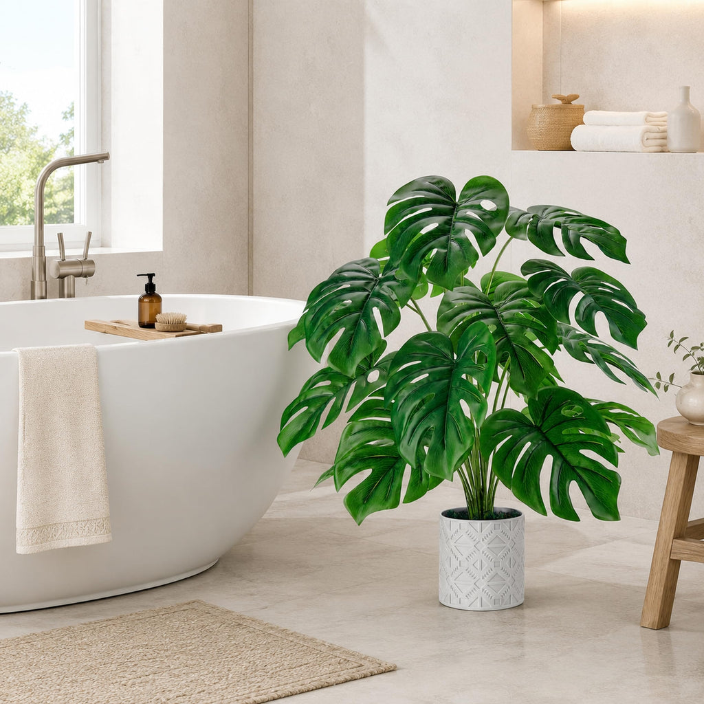 26" Fake Plants, Monstera Plant in White Boho Pot Decor