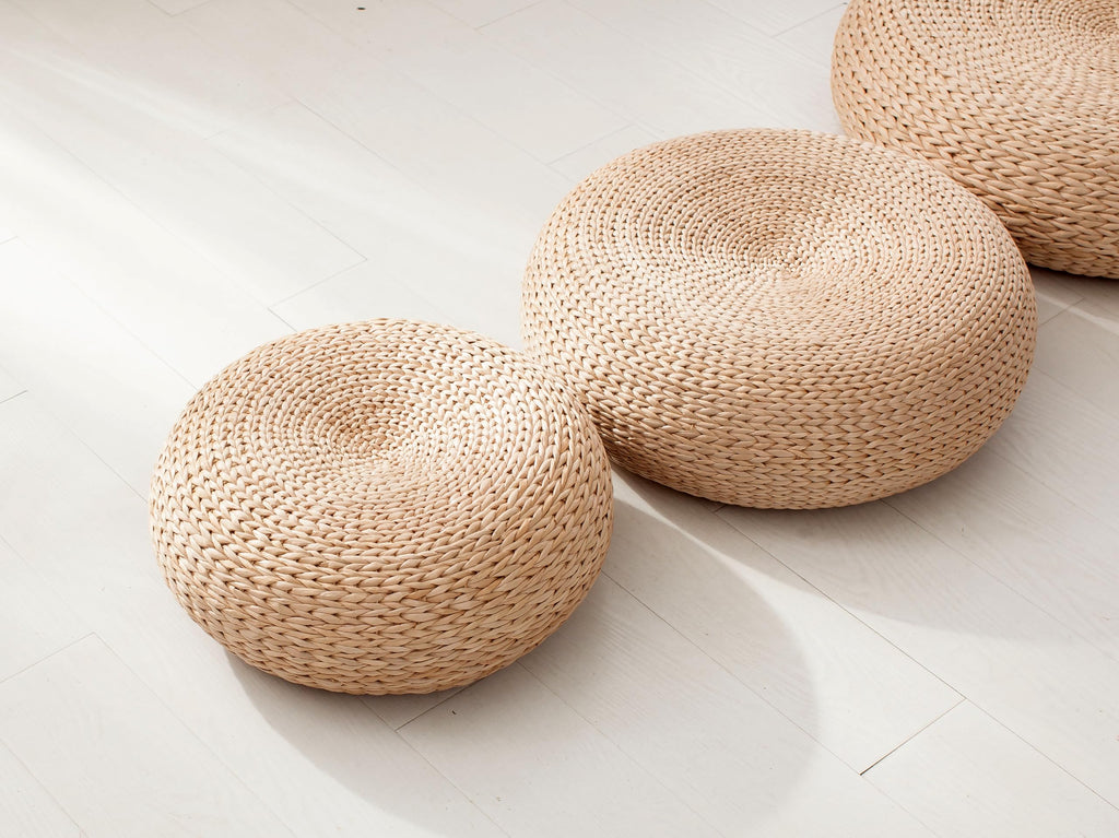 Straw Flat Seat Cushion, Handmade Floor Pouf Mat, Ottoman Footstool for Meditation, Zen, Yoga Practice or Buddha