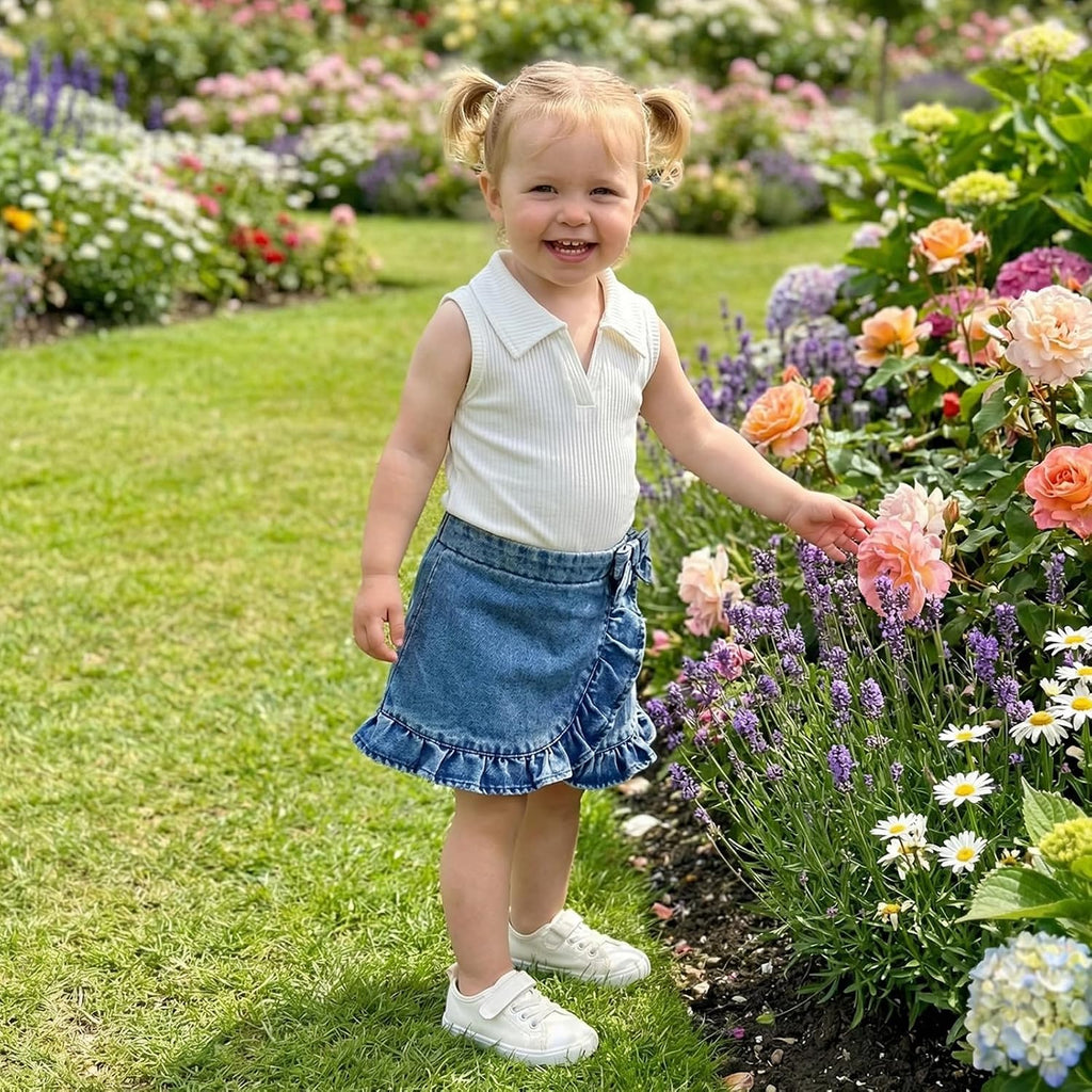 Toddler Baby Girl Denim Outfit Lapel Collar Ribbed Tops Jean Skirt