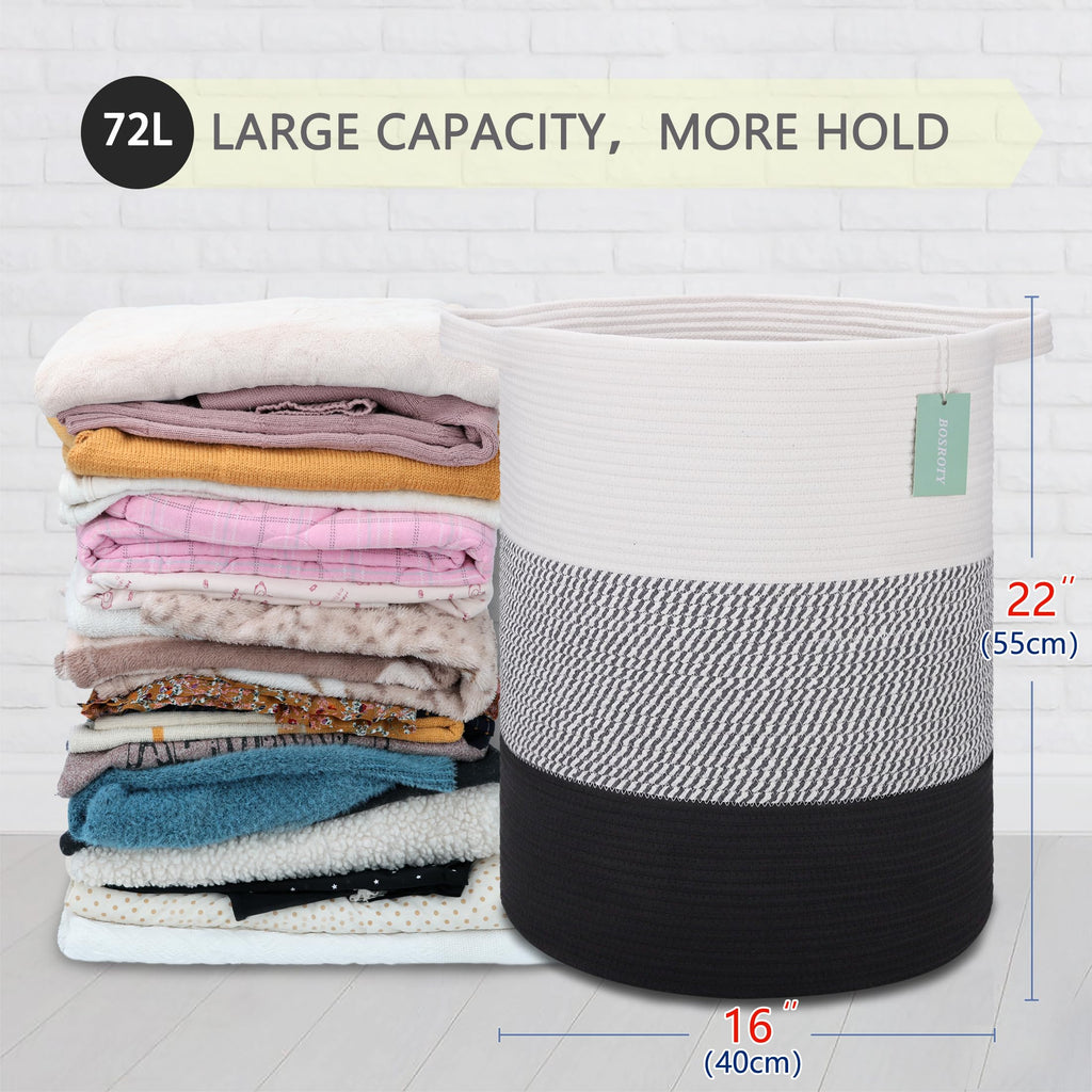 Cotton Rope Blanket Basket, 72L Laundry Hamper, White& Gray& Black