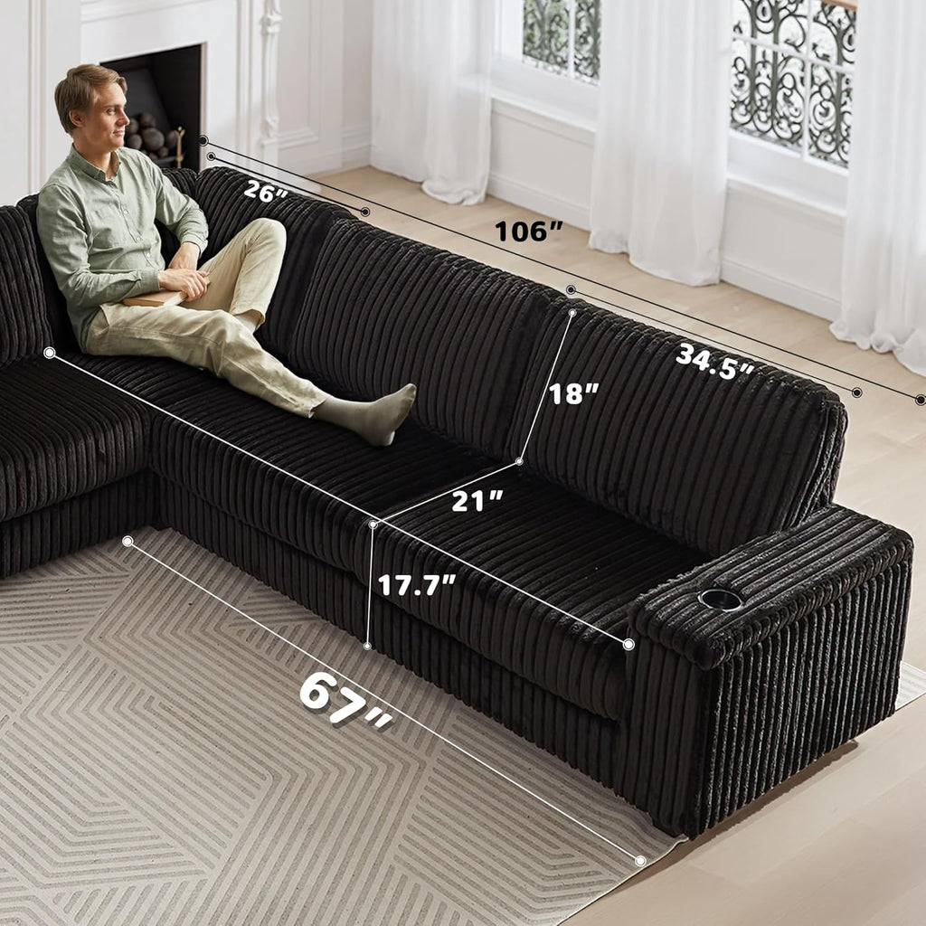 Black Sectional Couches for Living Room, Oversized Corduroy Couch, Sectional Corner Sofa with Cup Holders & USB