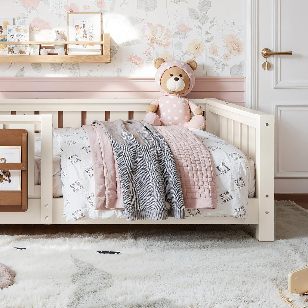 Kids Montessori Bed with Bookshelf, Solid Wood with Fence and Slats for Girls Boys, Low-Profile, Beige