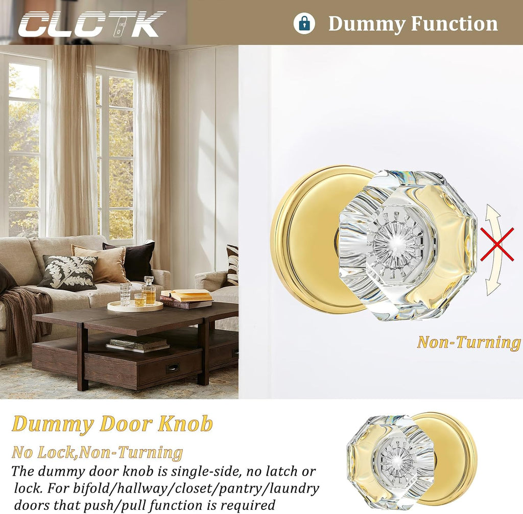 2 Pack Crystal Dummy Door Knobs, Non-Turning Single Side Dummy Door Knob Set, Polished Brass/Gold
