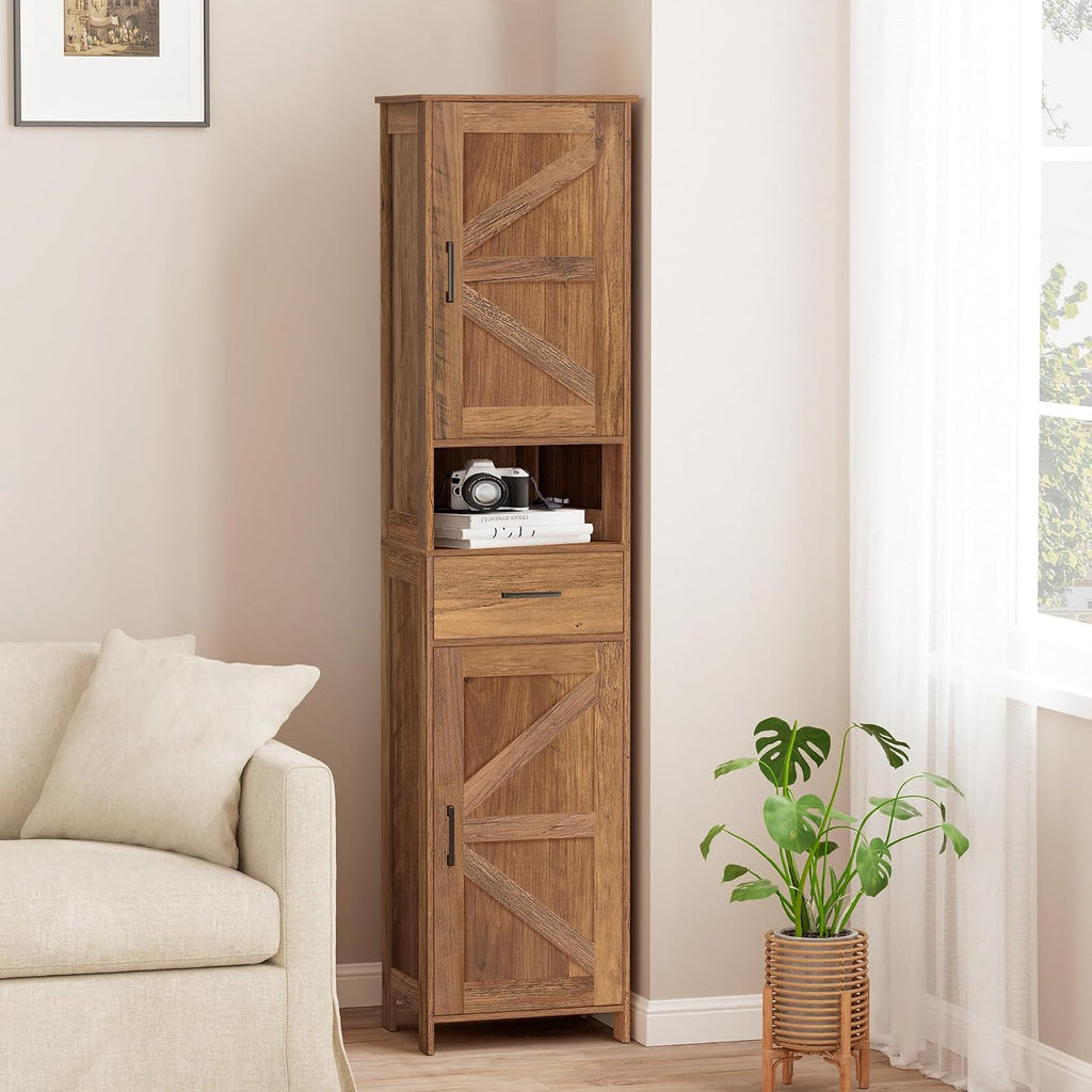 67" H Tall Bathroom Storage Cabinet with Barn Doors and Drawer | Narrow Storage Unit with Adjustable Shelves, Floor