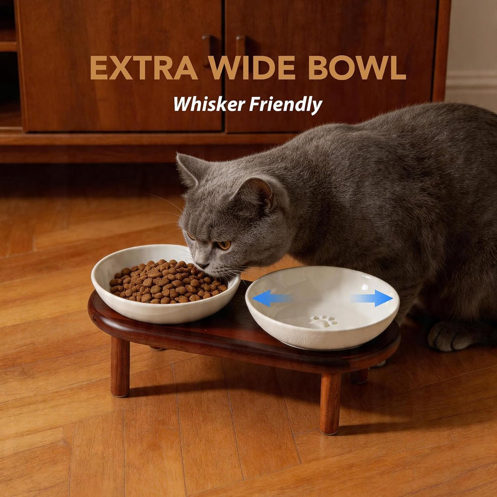 Elevated Cat Bowls, Ceramic Cat Bowl with Wood Stand, Wide Opening