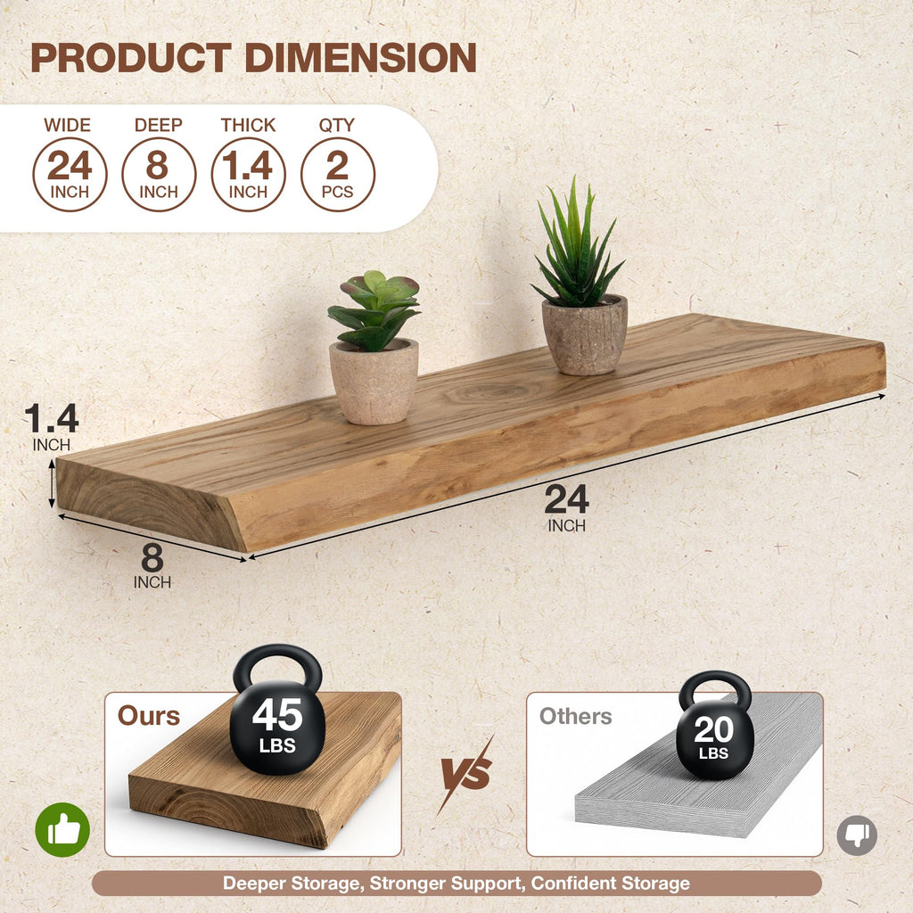 24 Inch Live Edge Floating Shelves for Wall, 8in Deep Solid Elm Wood