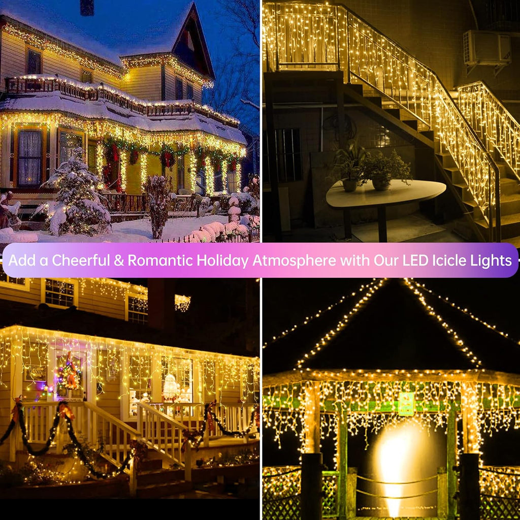 Warm White Christmas Icicle String Lights - 65.6 FT with 120 Drops, 8 Light Modes for Outdoor Decorations - Wedding
