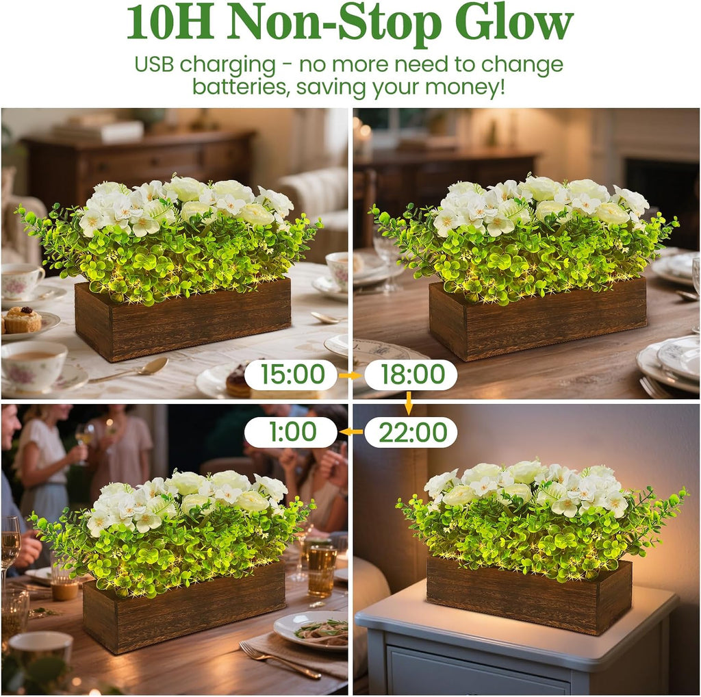 14" Artificial Peony Hydrangea Flowers Arrangement in Rectangular Wooden Planter Box, Rechargeable LED Faux Plants
