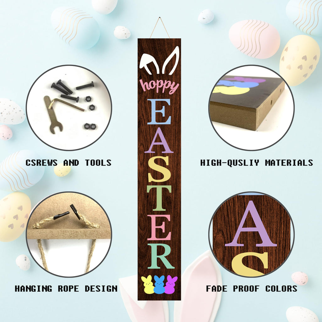 Happy Easter Wooden Porch Sign 47" Bunny Large Welcome Sign Vertical Indoor Outdoor Standing Sign For Garden Home