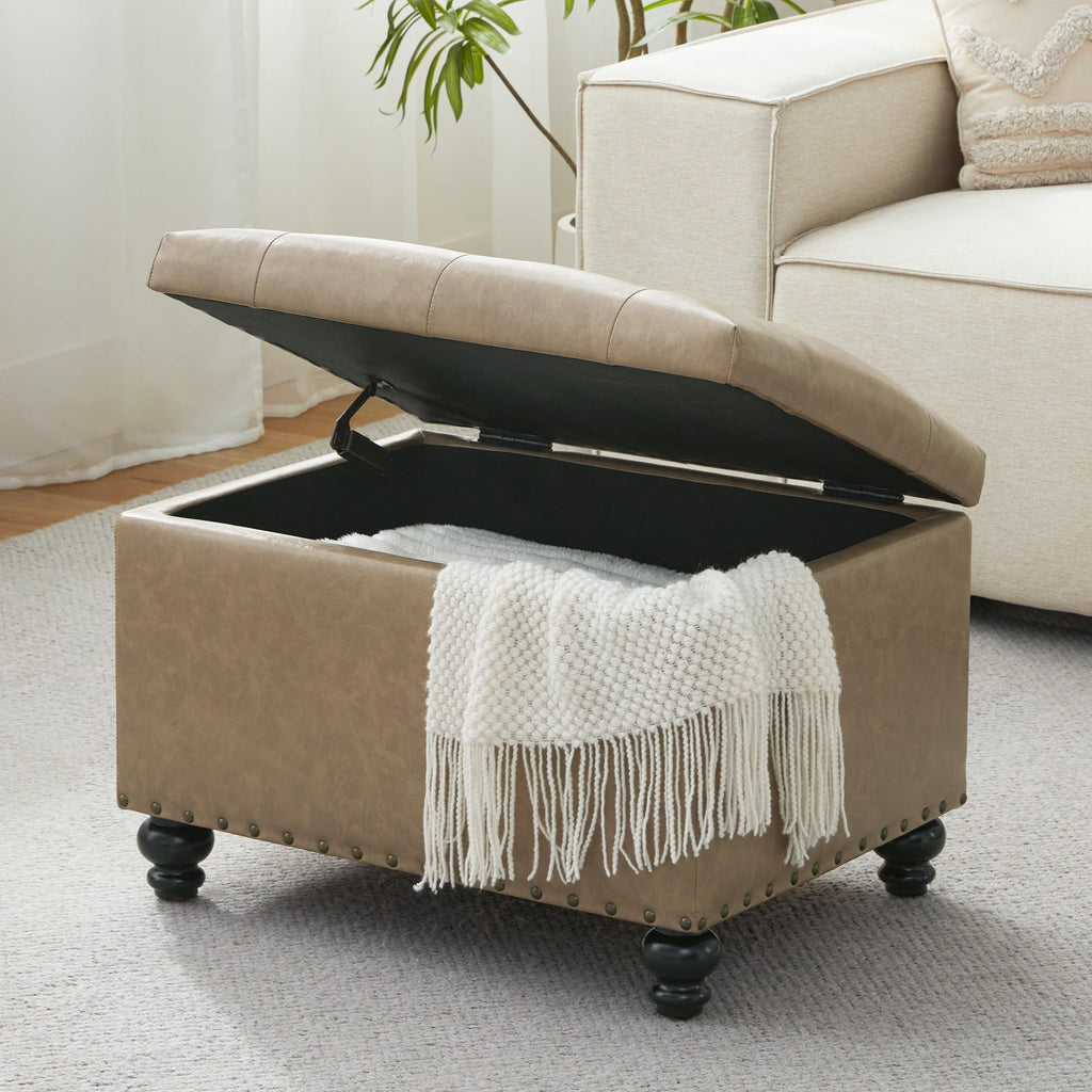 Leather Ottoman with Storage, Upholstered Button Tufted Ottoman Foot Rest, Foot Stools, 24" Rectangle Ottomans with