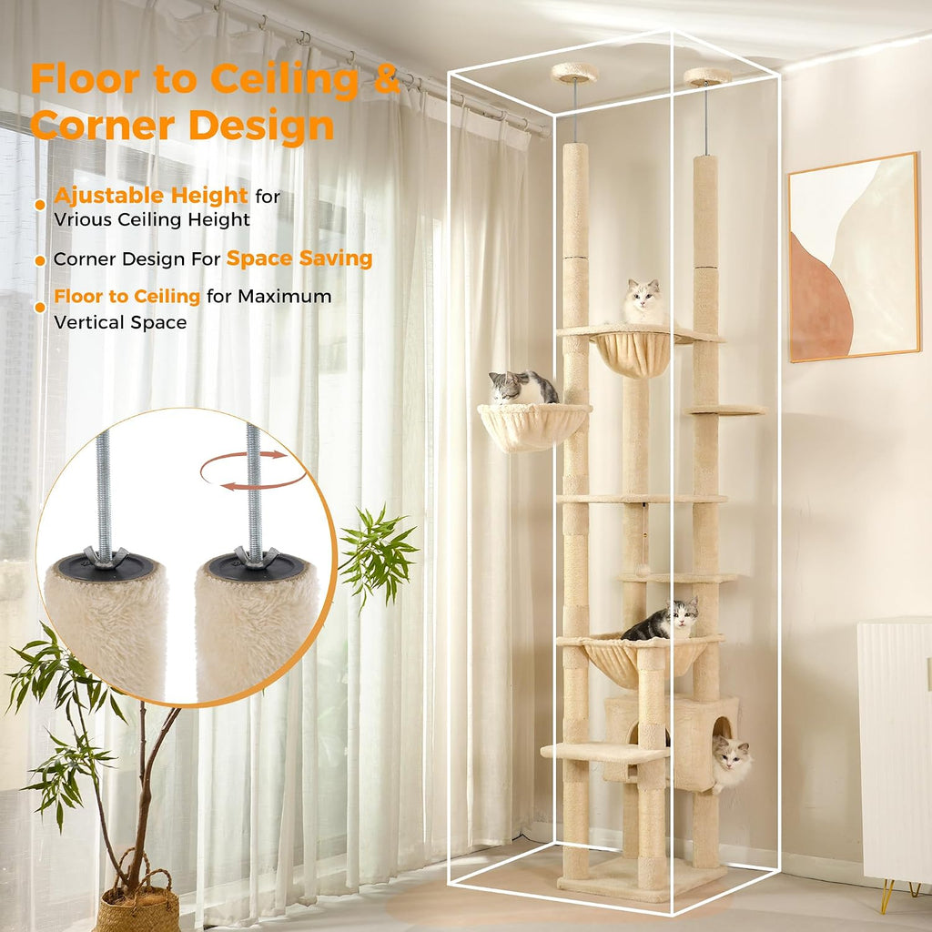 Floor to Ceiling Cat Tree Dual Posts, Adjustable Height 88.9-109"