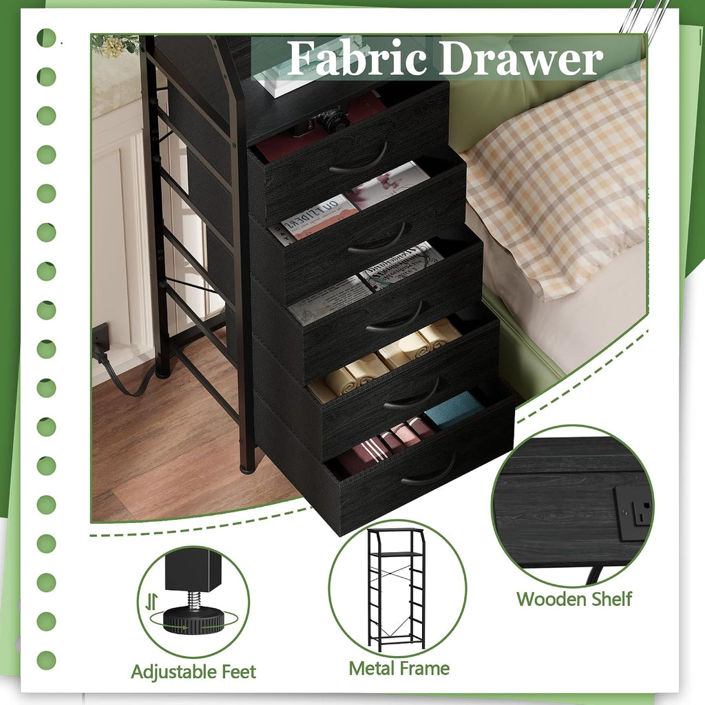 5 Drawers Dresser with Charging Station, Fabric Chest of Drawers with Open Shelf, Tall Night Stand, Bedside Table for