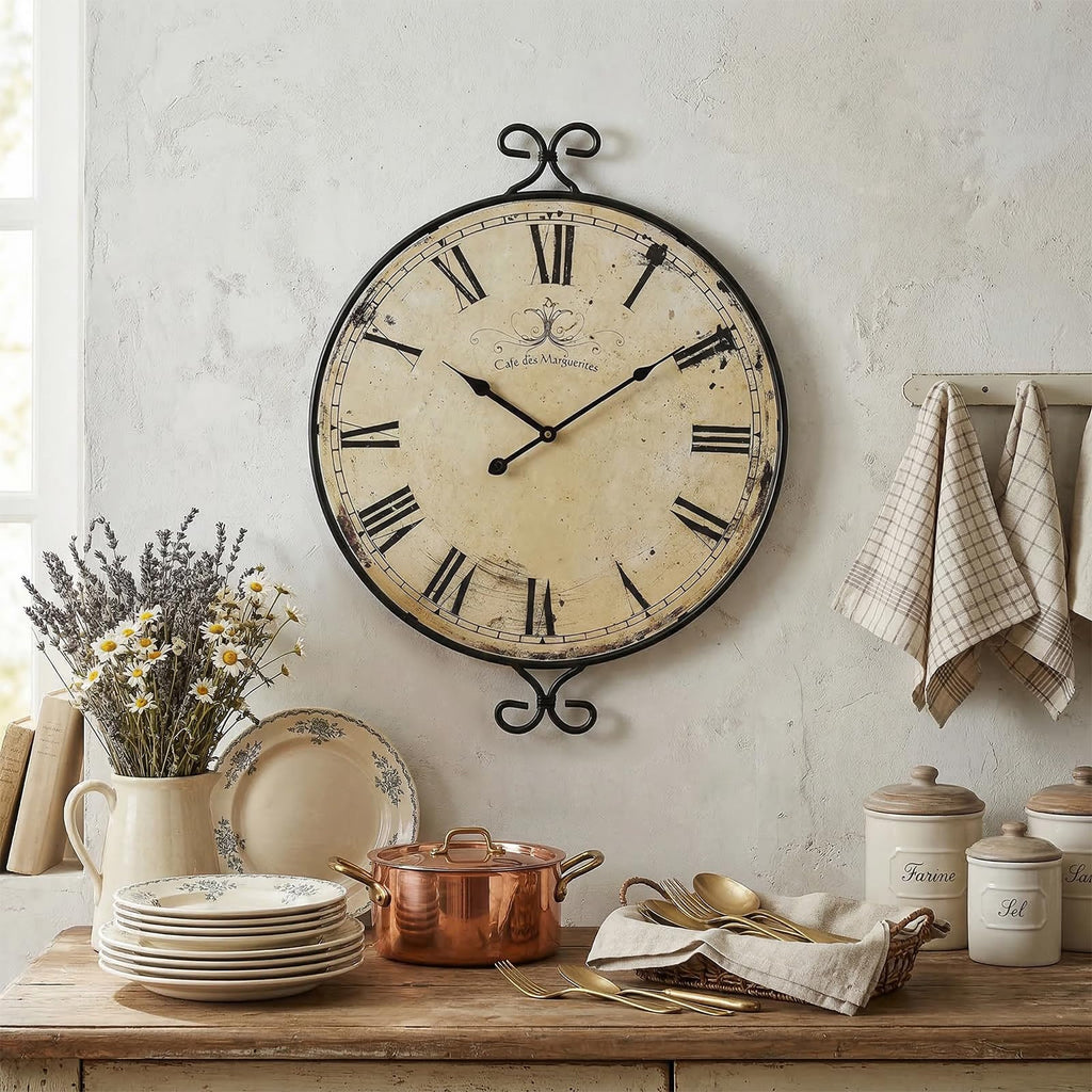 24 Inch Large Farmhouse Wall Clock, Wrought Iron Frame with Retro Gold Finish, Silent Battery Operated Wall Clocks