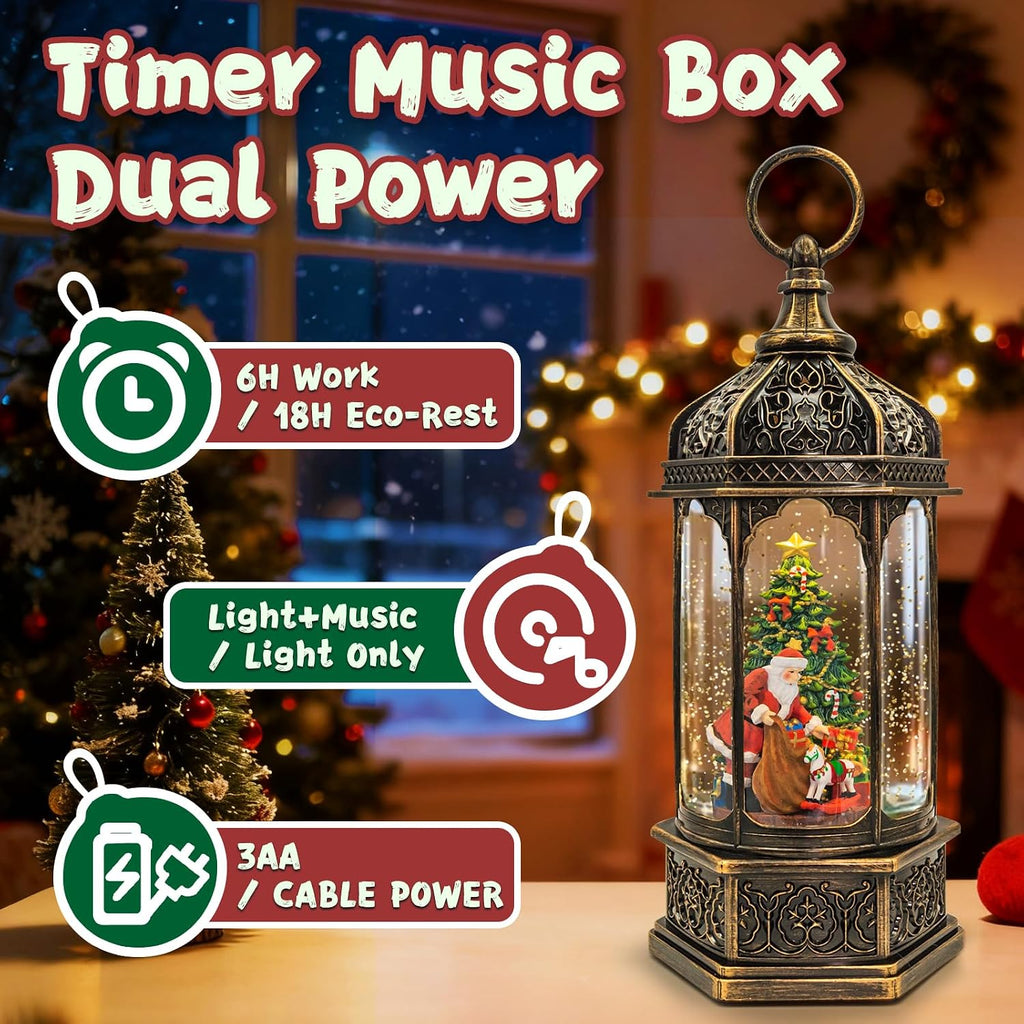Christmas Snow Globe Lantern, Santa Claus Gift Piles Light Up Musical Snow Globes with 6H Timer, 3 AA Battery & USB
