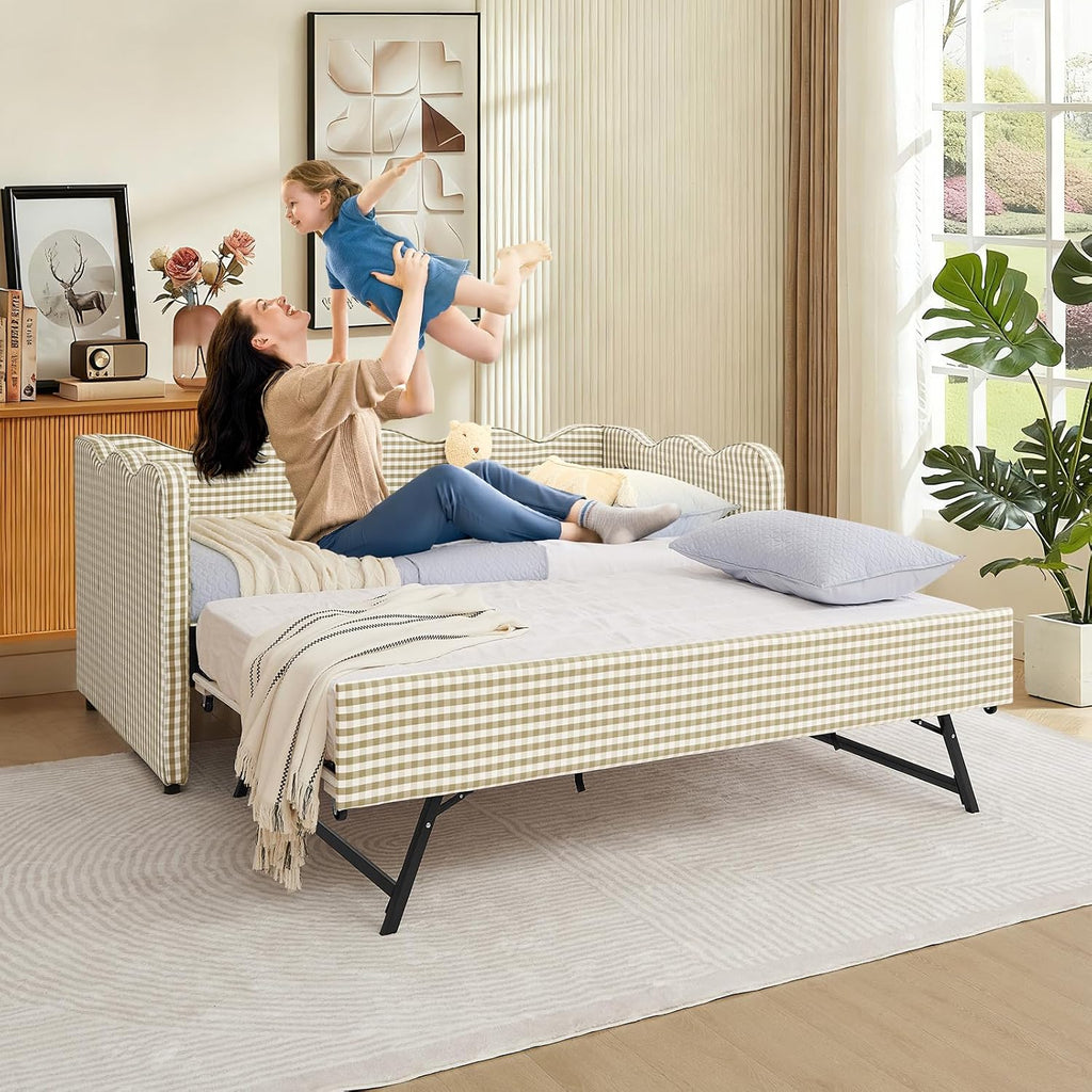 Twin Size Gingham Daybed with Trundle, Upholstered Linen Day Bed Frame with USB Ports & Wave-Shaped Backrest, Modern