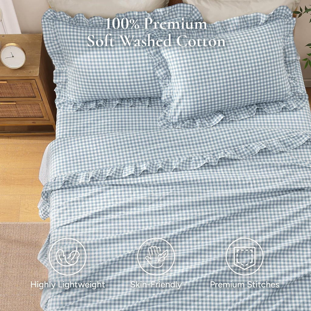 Blue Cotton Gingham Soft Breathable Sheets Set