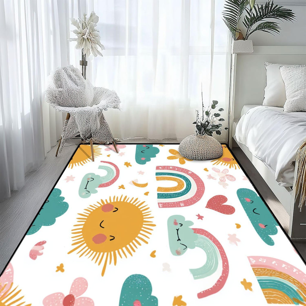 .3 Area Rug Low Pile Seamless Childish Rainbows Sun Moon Scandi Washable Throw Rug Non-Slip Non-Shedding Rug