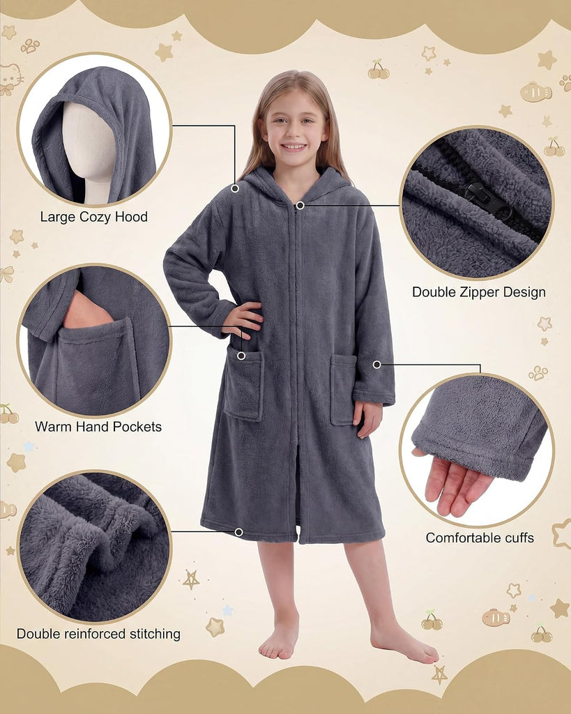 Kids Hooded Bath Towel, Soft Warm Zipper Swim Parka