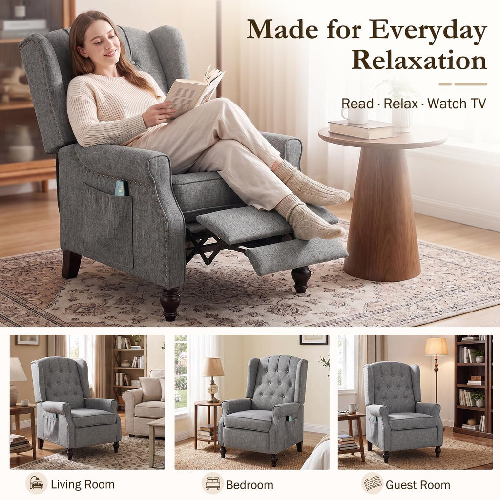 Wingback Recliner, Massage & Heat, Manual Push-Back, Light Gray
