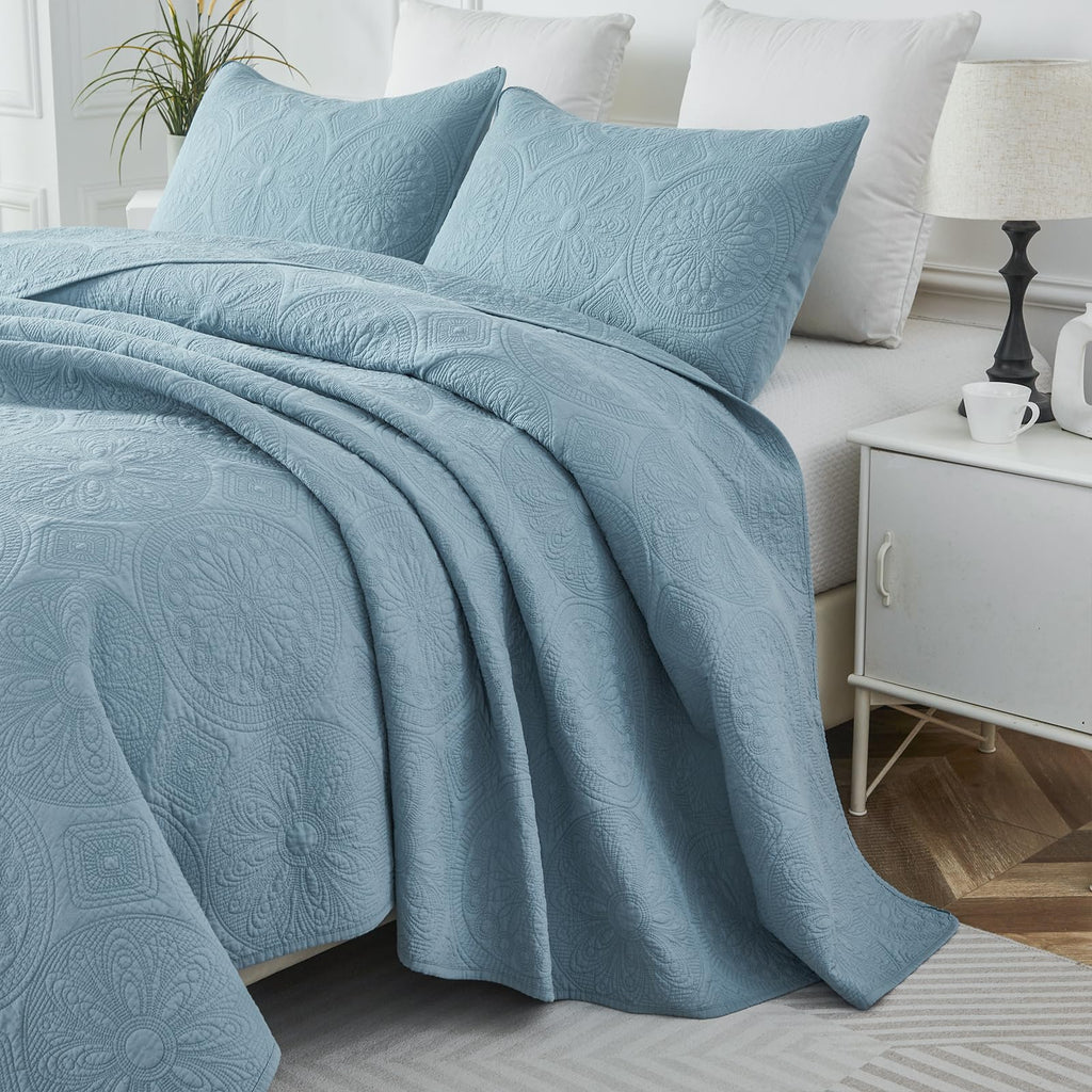 Blue Quilt Set Cotton Queen Chic Medallion Matelasse Coverlet 3PC