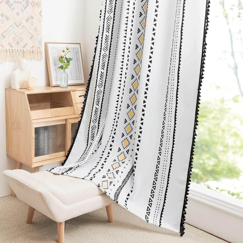 White Boho Fall Macrame Curtains 84 inch Long 2 Pieces, Grommet Decorative Thermal Curtains Yellow and Black Eclectic