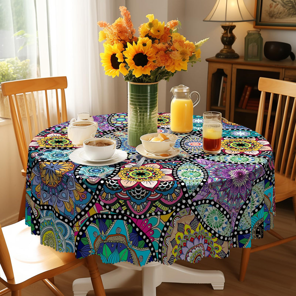 Boho Round Tablecloth, 70inch Bohemia Stain-Resistant Table Cover