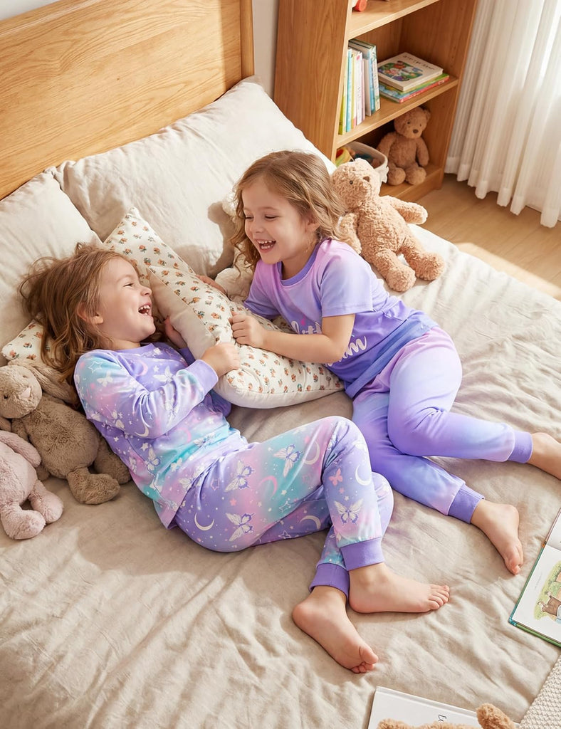 Toddler Pajamas 100% Organic Cotton Girls Boys Pajamas for Kids 4 Piece Snug Fit Long & Short Sleeves Pjs Set