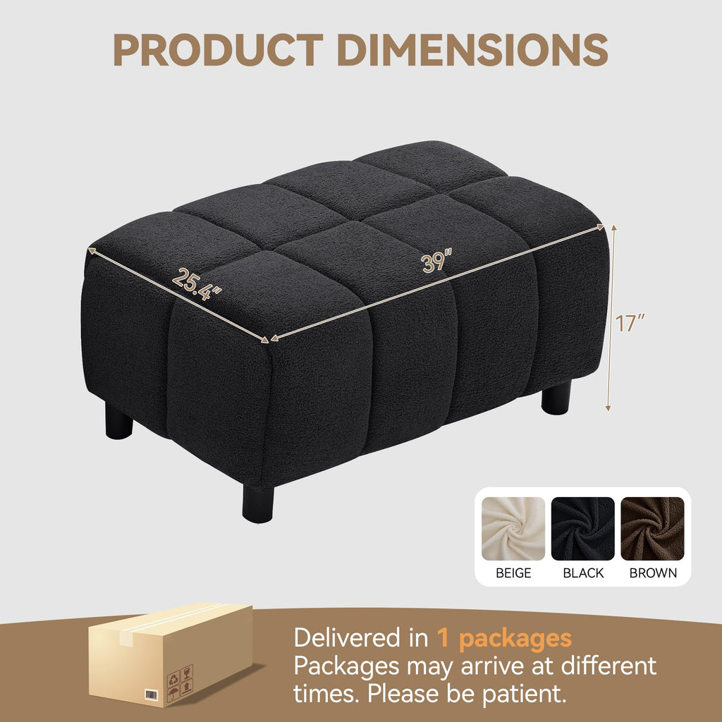 39 "Modern Boucle Ottoman, Sherpa Deep Seat Footrest for Sofa, Removable Upholstered Footstool Bench, Black